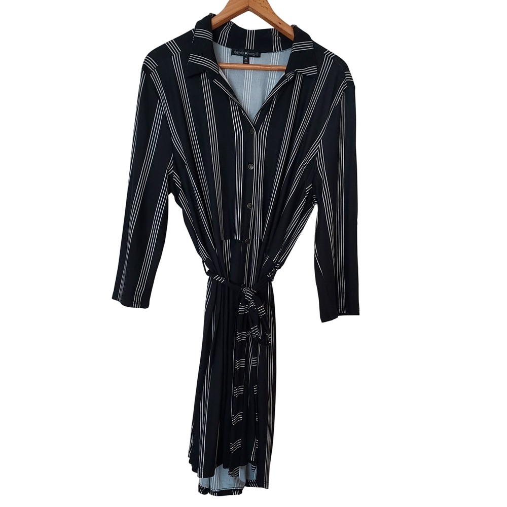 Black White Striped Button Belt Shirt‎ Dress Tab 3/4 Sleeve Zoot Suit Stretch XL